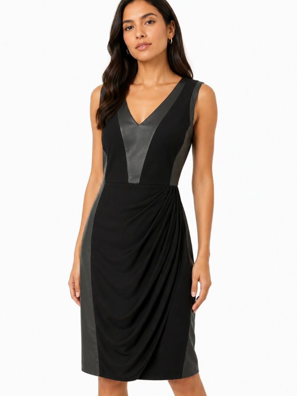 NWT FRANK LYMAN BLACK FAUX LEATHER DRAPED COMBO SLEEVELESS SHEATH COCKTAIL DRESS